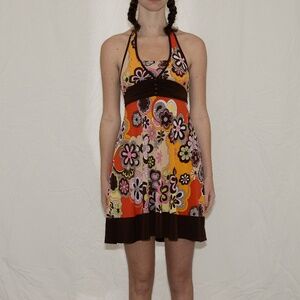 Y2k flower print halter dress brown and orange size XS disorderly kids